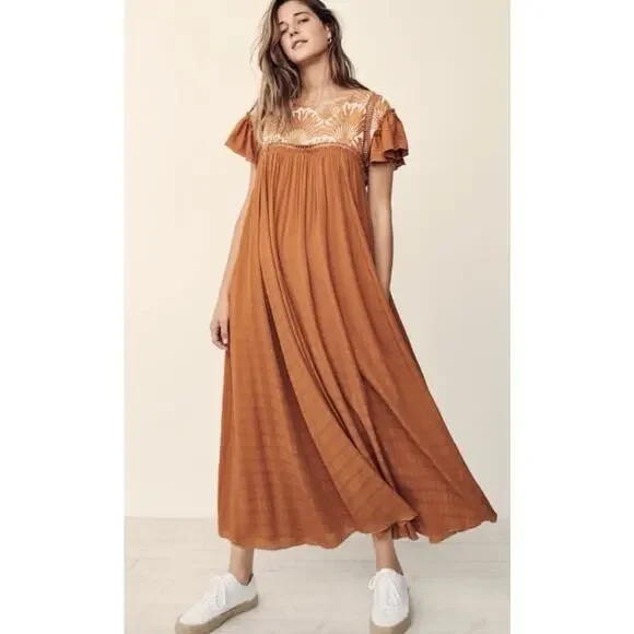 FREE PEOPLE Vintage Charm Relaxed Fit Flowy Embroidered Ruffled Midi Dress Sz XS - Picture 2 of 15